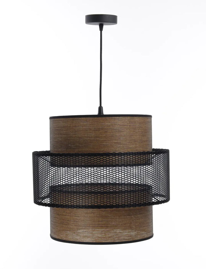 Suspension luminaire noir doblo marron et beige avec tissu tissé et accents en maille pour éclairage intérieur élégant