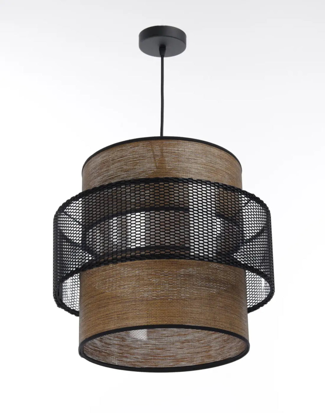 Suspension luminaire doblo noir et marron avec abat-jour en tissu tissé et accents en maille