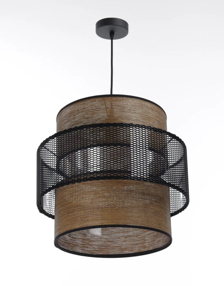 Suspension luminaire doblo noir et marron avec abat-jour en tissu tissé et accents en maille