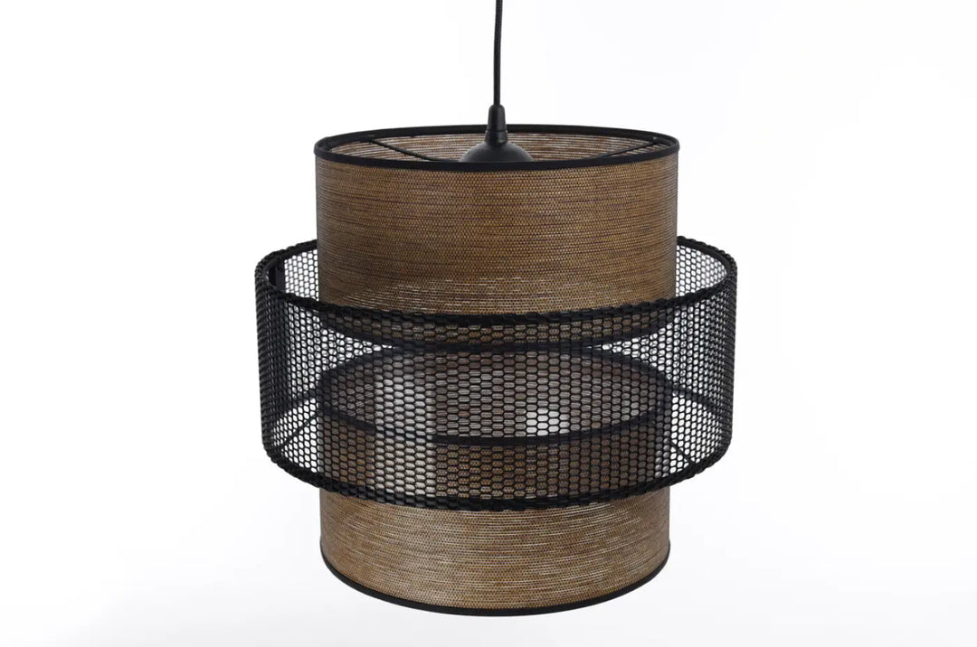 Suspension luminaire noir doblo en métal noir avec abat-jour en fibre naturelle tressée marron
