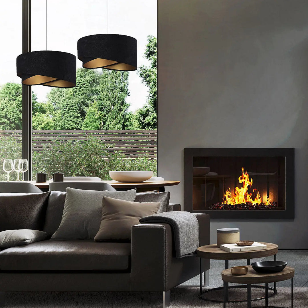 Suspension luminaire noir en cylindre avec intérieur doré modèle galaxy auric luminaire noir velours élégant et moderne