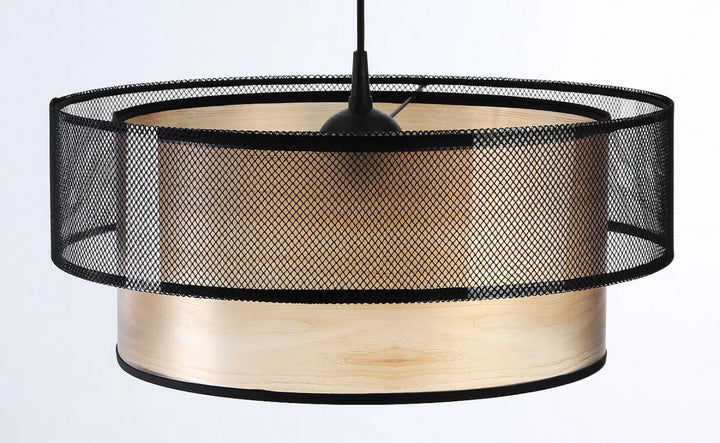 Suspension luminaire noire duo avec cage en maille noire et corps cylindrique en bois naturel beige
