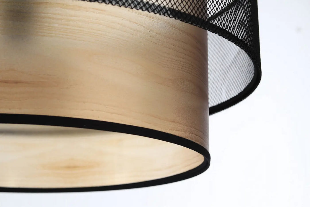 Suspension luminaire duo avec abat-jour cylindrique moderne en bois clair et bordure en mesh noir luminaire noire