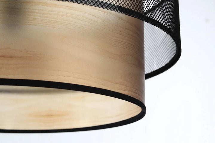 Suspension luminaire duo avec abat-jour cylindrique moderne en bois clair et bordure en mesh noir luminaire noire