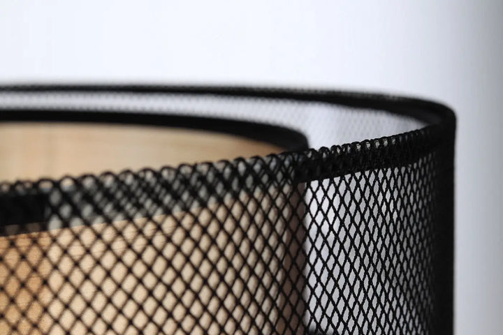 Suspension luminaire noire duo avec corbeille à papier noire en maille cylindrique et motif losange tissé