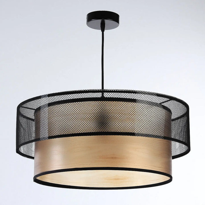 Suspension luminaire noire duo en bois ton or et mesh noir avec design moderne superposé