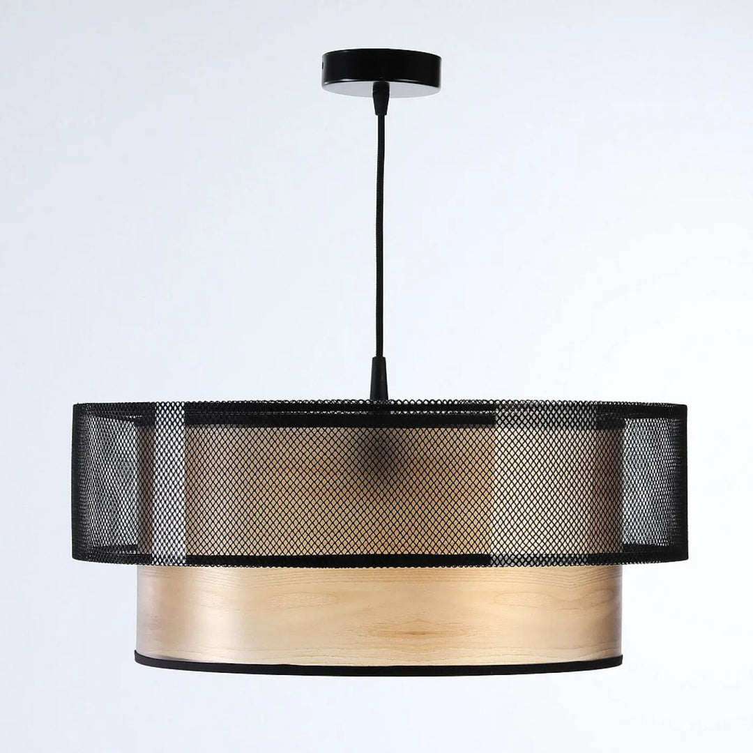 Suspension luminaire noire duo noir beige à deux niveaux avec abat-jour supérieur en maille et base solide dorée