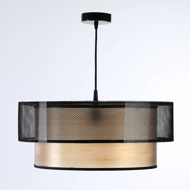 Suspension luminaire noire duo noir beige à deux niveaux avec abat-jour supérieur en maille et base solide dorée