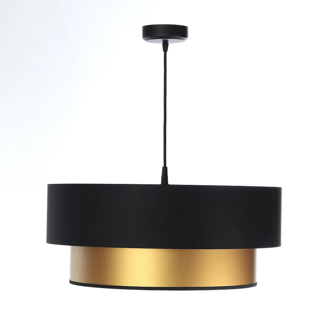 Suspension luminaire noire duo à deux niveaux avec abat-jour en tissu noir mat et anneau en laiton poli doré