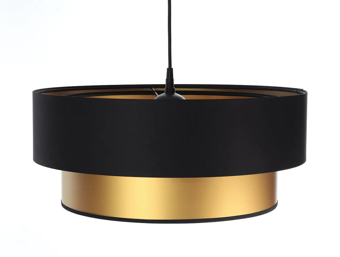 Suspension luminaire duo noire et dorée avec abat-jour tissu noir mat et base laiton poli
