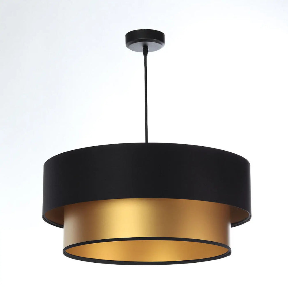 Suspension luminaire noire duo avec double abat-jour mat noir et intérieur doré réfléchissant suspendu par cordon noir