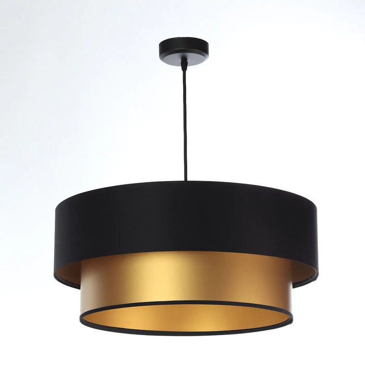 Suspension luminaire noire duo avec double abat-jour mat noir et intérieur doré réfléchissant suspendu par cordon noir