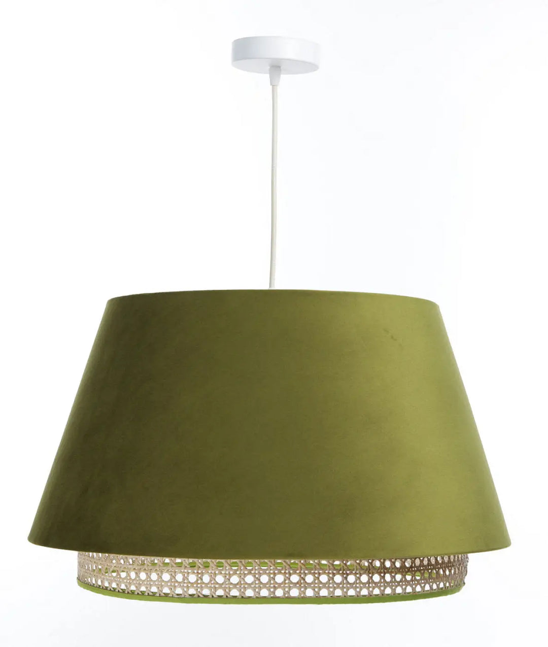 Suspension luminaire olive en velours avec bande accent en rotin tressé pour un éclairage élégant et naturel