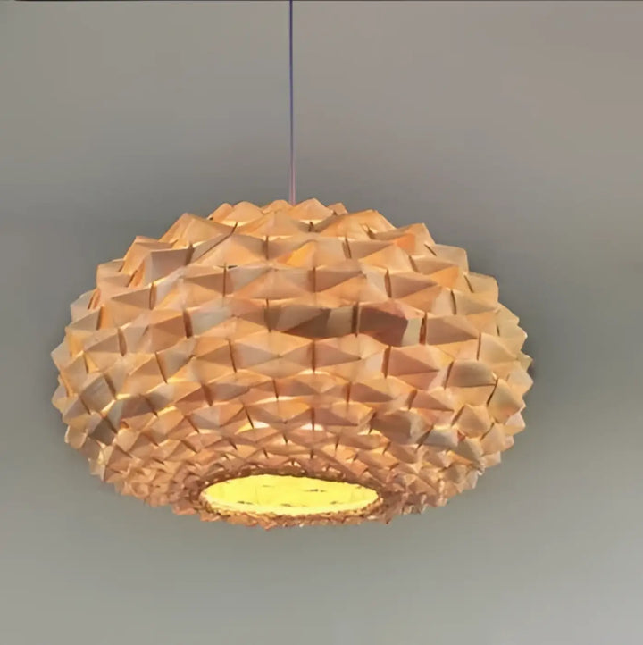 Suspension luminaire satori en bois tissé avec motif géométrique chaud et base circulaire lumineuse pour lampe suspendue