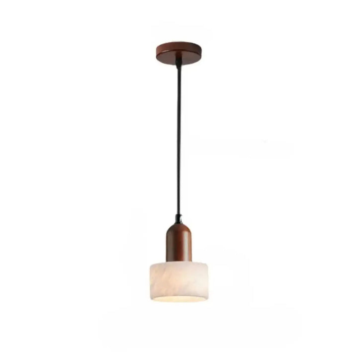 Suspension luminaire gaïa avec monture en bois brun chaud, cordon noir et abat-jour cylindrique en verre dépoli pierre marbrée