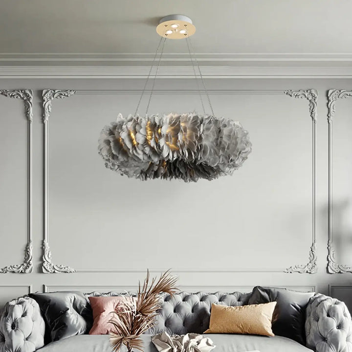 Suspension luminaire plume circulaire disponible en gris ou blanc

