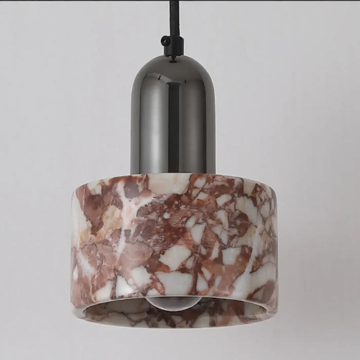 Suspension luminaire dabine avec top en métal noir et verre marbré brun et blanc élégant cylindrique