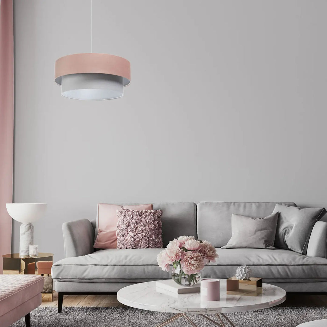 Suspension luminaire duo jasmin avec abat-jour deux niveaux rose doux et gris mat suspendue au plafond