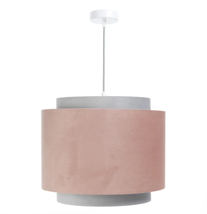 Suspension luminaire doblo jasmin rose poudré avec double abat-jour moderne en rose doux et anneaux gris mat suspendue par tige métallique