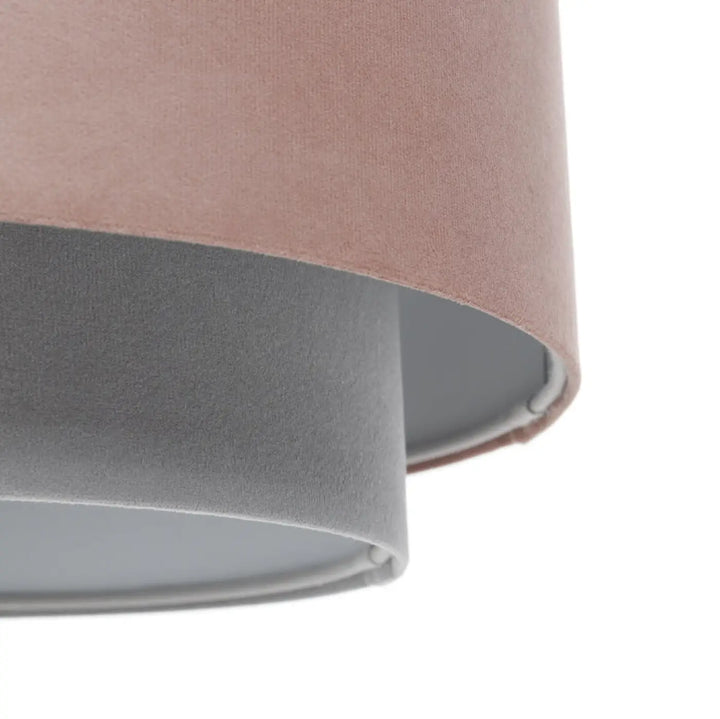 Suspension luminaire doblo jasmin rose poudré avec abat-jour cylindrique double étage en velours rose gold et gris