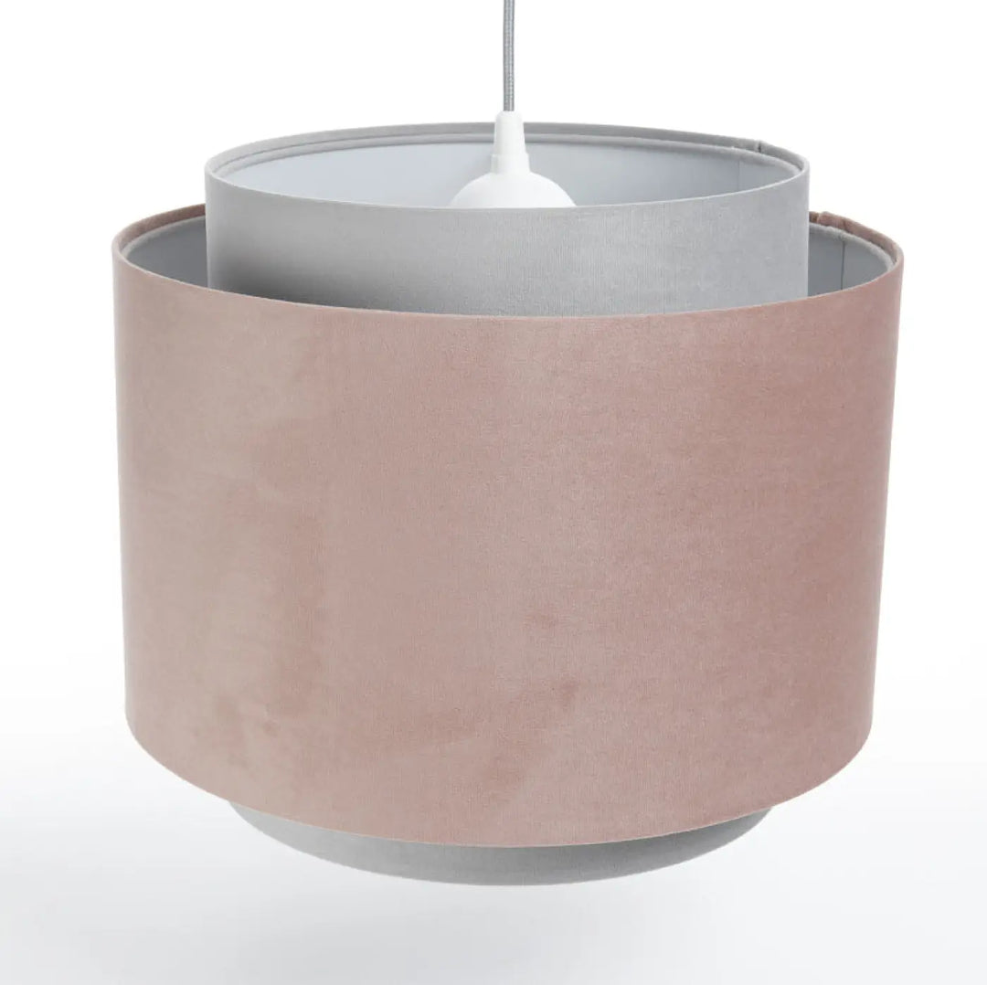 Suspension luminaire doblo jasmin en rose poudré avec double abat-jour en tissu rose et gris