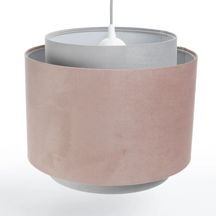 Suspension luminaire doblo jasmin en rose poudré avec double abat-jour en tissu rose et gris