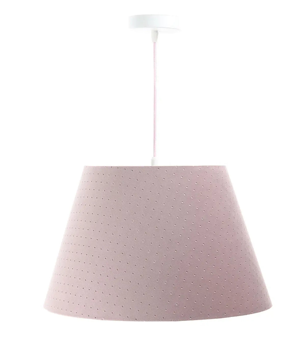 Suspension luminaire bell jasmin rose vieilli avec abat-jour conique rose doux et montage plafond blanc