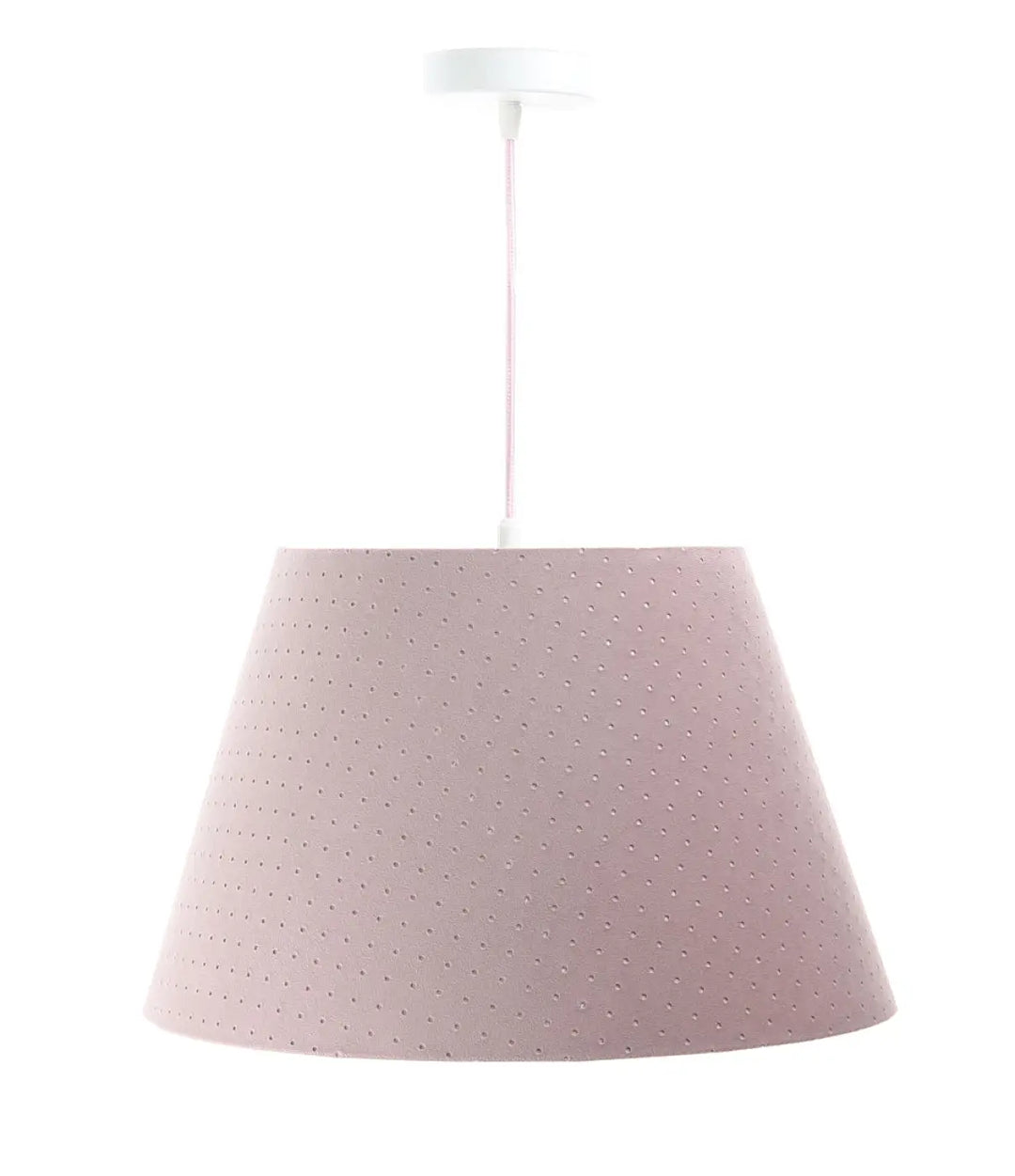 Suspension luminaire bell jasmin rose vieilli avec abat-jour conique rose doux et montage plafond blanc