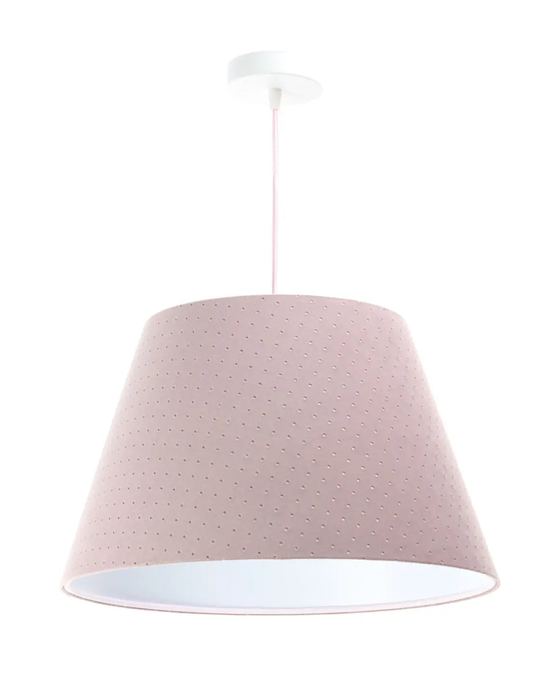 Suspension luminaire rose vieilli conique en tissu rose avec texture ponctuée subtile et intérieur blanc
