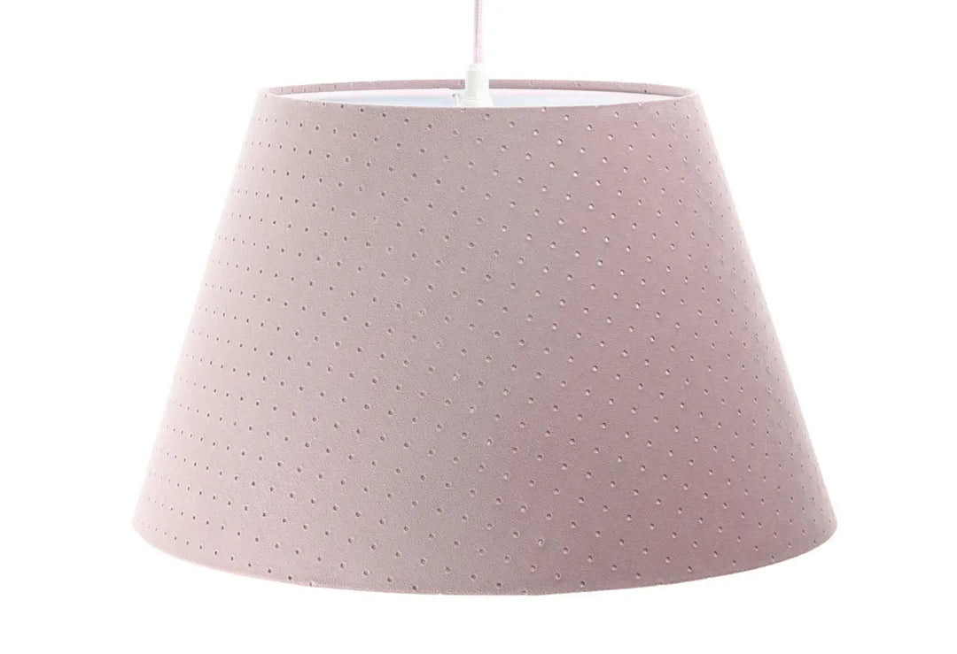 Suspension luminaire rose vieilli avec abat-jour conique rose doux à texture subtilement pointillée