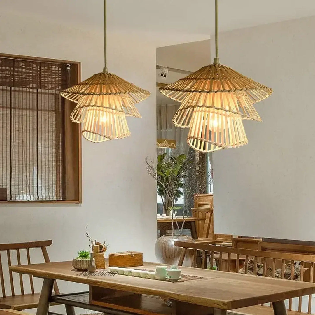 Suspension luminaire rotin en 3 étages pour salle à manger tendance

