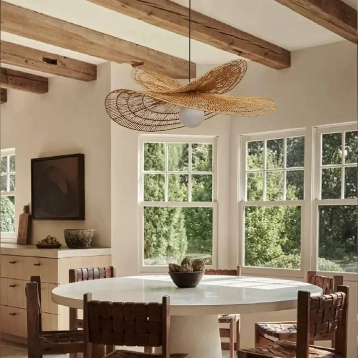 Suspension Luminaire En Rotin Avec Deux Abats‑Jours Superposés