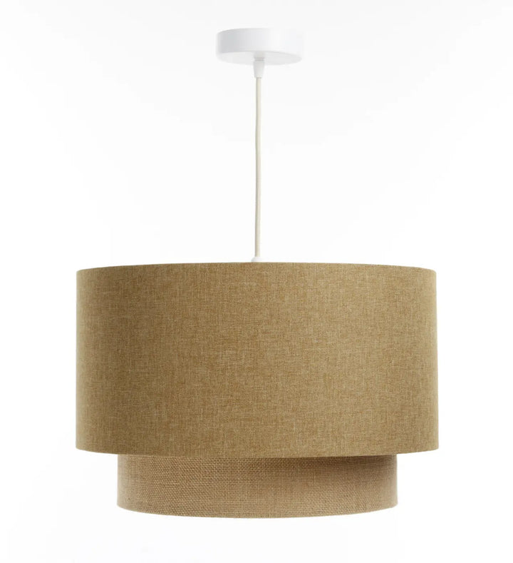 Suspension luminaire duo rotin en lin beige clair à deux niveaux avec fixation plafond blanc