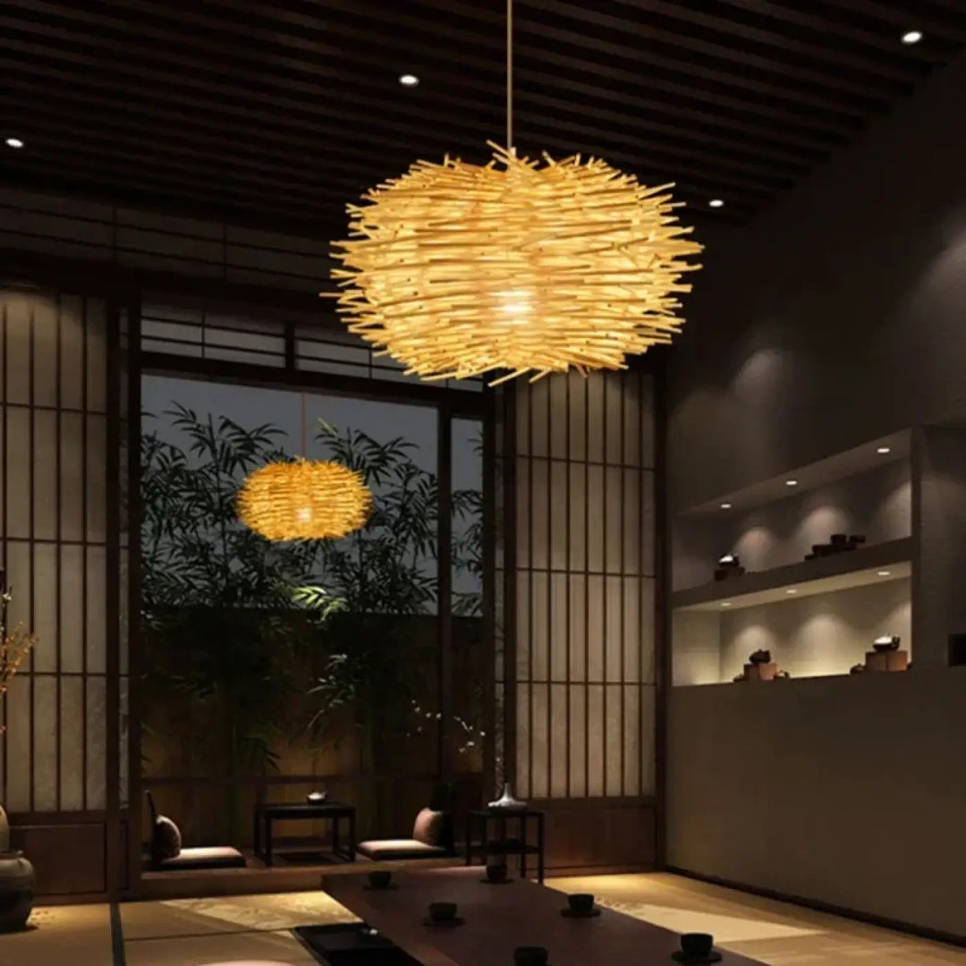 Suspension luminaire en rotin en forme de nid d’oiseaux naturel