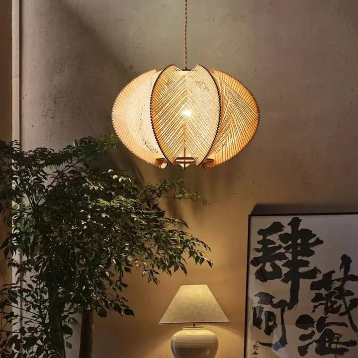 Suspension luminaire rotin ronde tressée style bohème naturel

