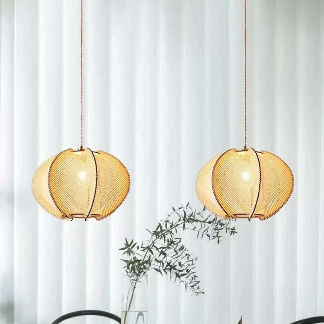 Suspension luminaire rotin ronde tressée style bohème naturel

