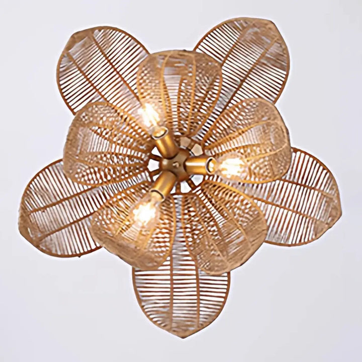 Suspension luminaire jamila en bambou doré avec conception tissée complexe et ampoules chauffantes pour salle à manger d’une fleur