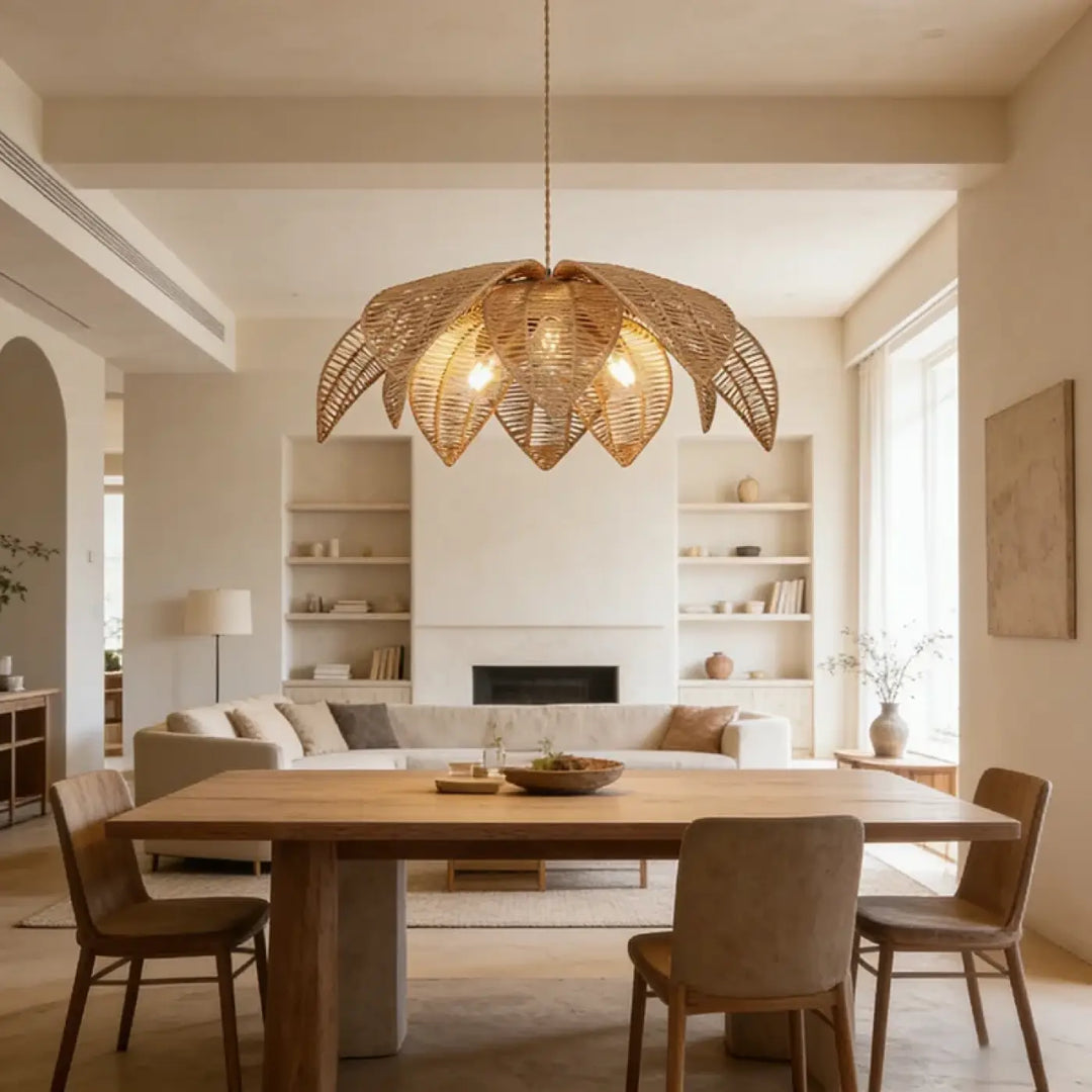 Suspension luminaire jamila en forme de feuille tissée en rotin naturel doré pour salle à manger d’une fleur