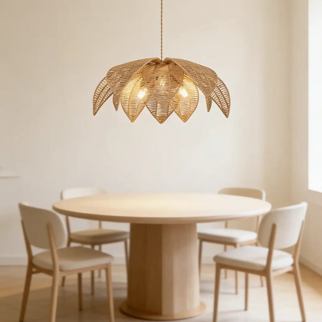 Suspension luminaire jamila en rotin doré en forme dune fleur ouverte suspendue au-dessus dune salle à manger minimaliste