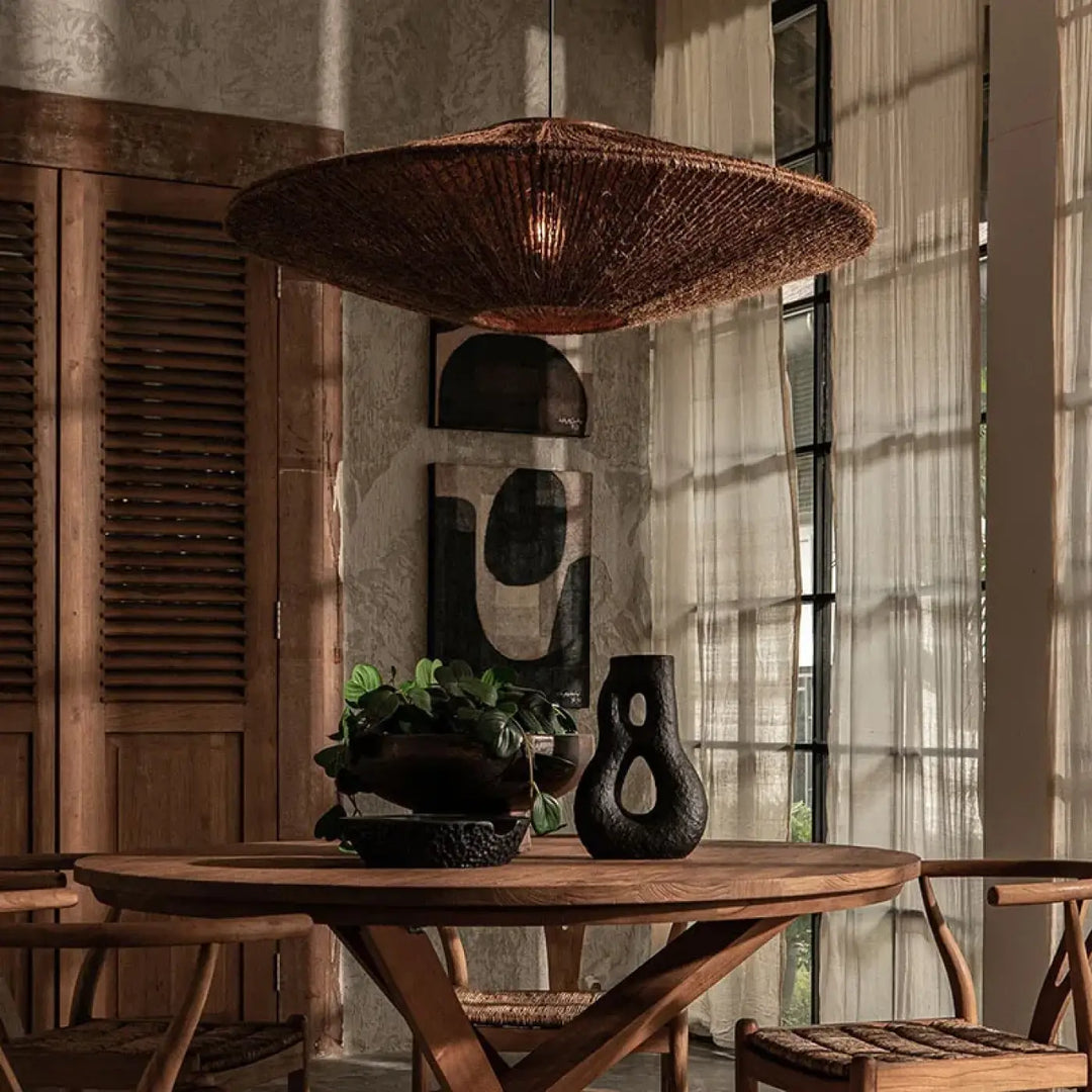 Suspension luminaire en rotin tréssé marron haut de gamme

