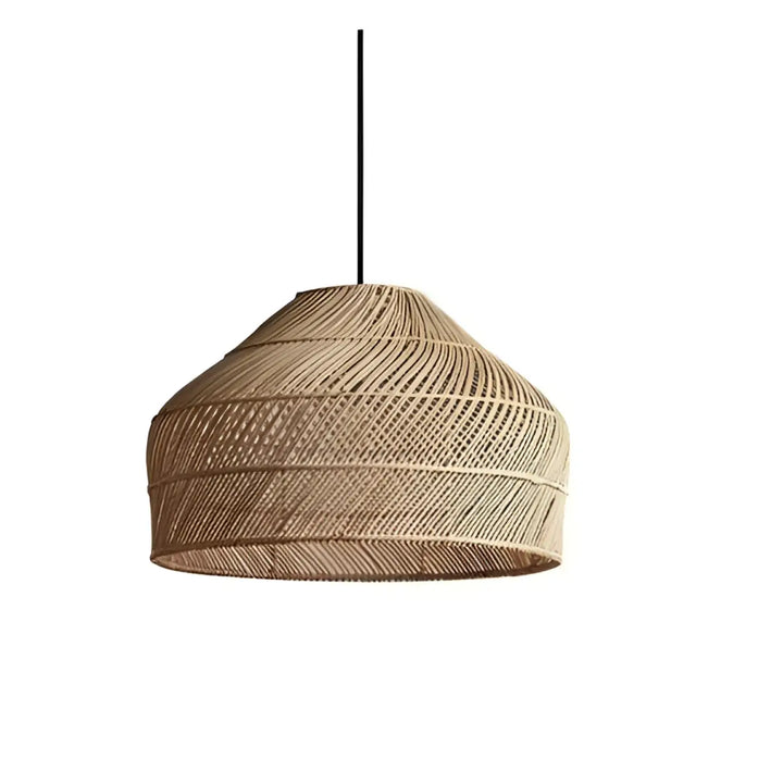 Suspension luminaire arona en rotin tressé naturel style bohème avec design conique et cordon noir suspendu