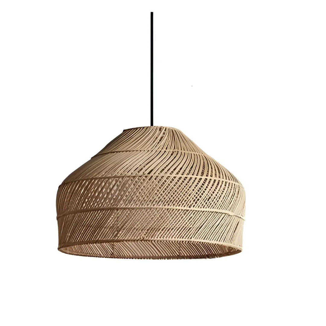 Suspension luminaire arona en rotin tressé naturel avec abat-jour conique texturé style bohème naturel suspendu par cordon noir