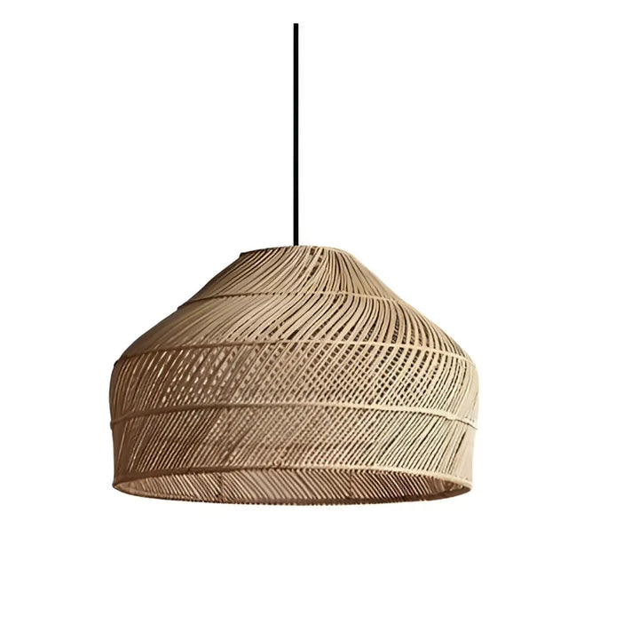 Suspension luminaire arona en rotin tressé naturel avec abat-jour conique texturé suspendu par cordon noir style bohème naturel