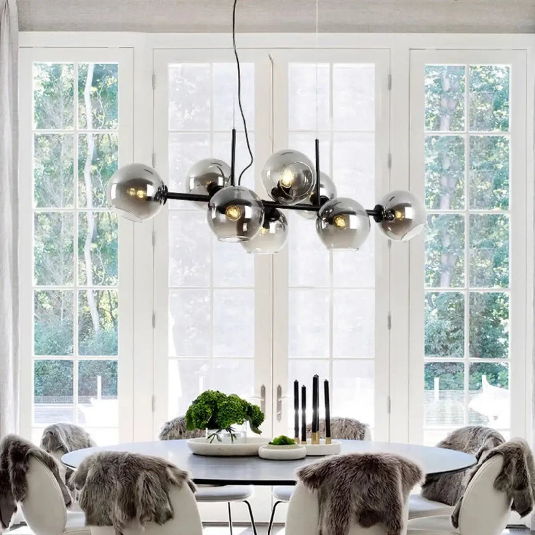 Suspension luminaire scandinave avec 8 boules en verre teinté noir

