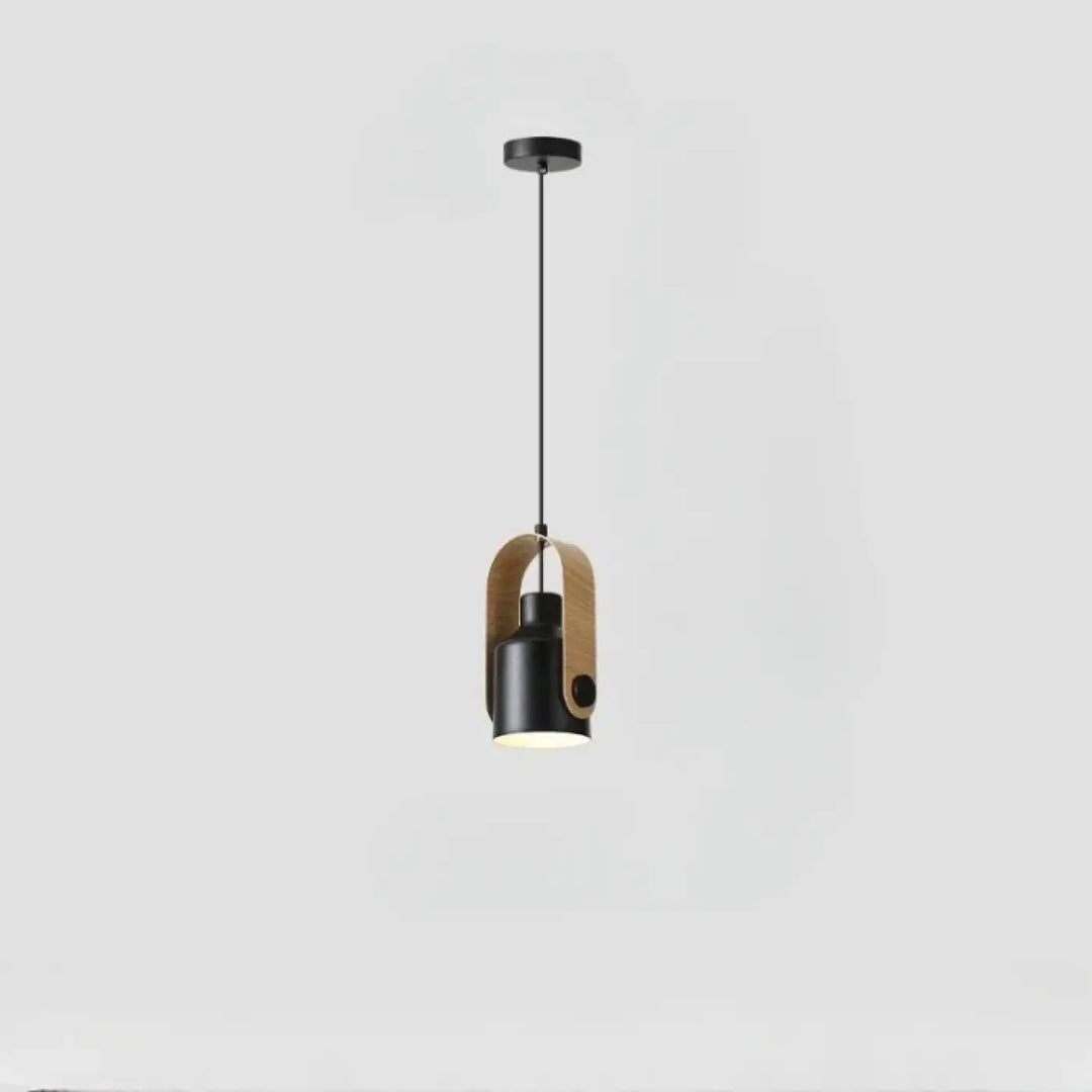 Suspension luminaire talvi en forme de cylindre noir avec un accent en bois en forme darc