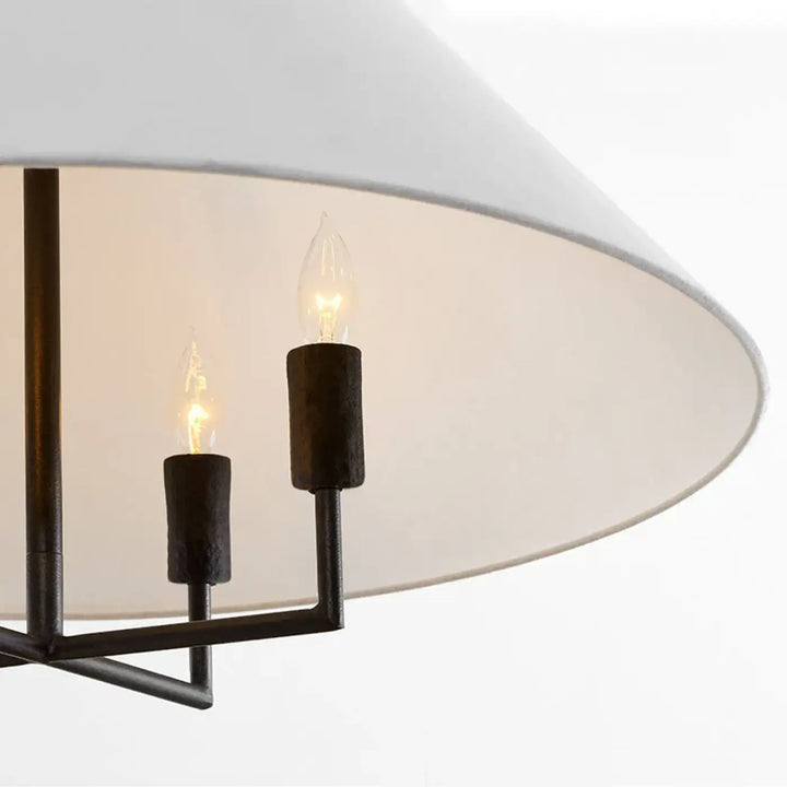 Suspension luminaire tissuni avec abat-jour conique blanc cadre métal noir et deux ampoules à filament exposées