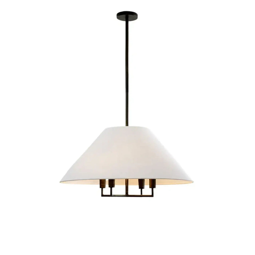 Suspension luminaire tissuni en métal noir moderne avec abat-jour large en tissu écru et quatre douilles à ampoule apparentes