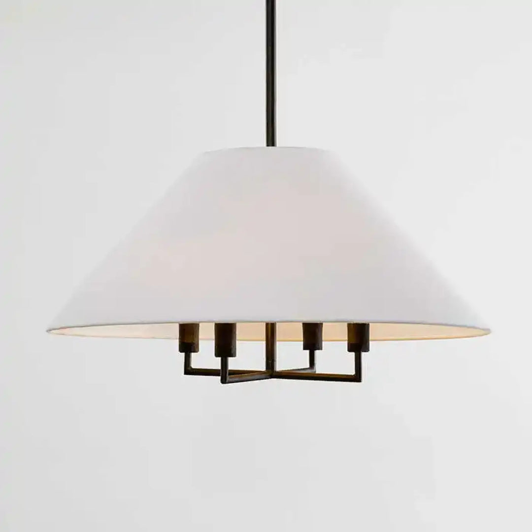 Suspension luminaire tissuni avec abat-jour large en tissu blanc et cadre en métal bronze foncé moderne