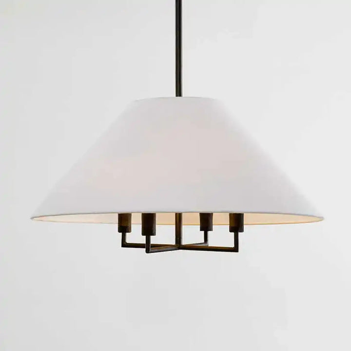 Suspension luminaire tissuni avec abat-jour large en tissu blanc et cadre en métal bronze foncé moderne