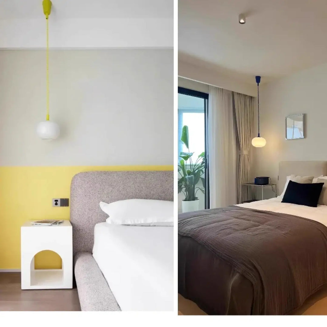 Suspension luminaire pendira avec câble spiralé et abat-jour en verre blanc sphérique jaune